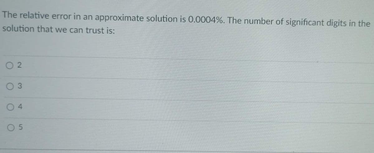 The relative error in an approximate solution is 0.0004%. The number of significant digits in the
solution that we can trust is:
02
3
04
05