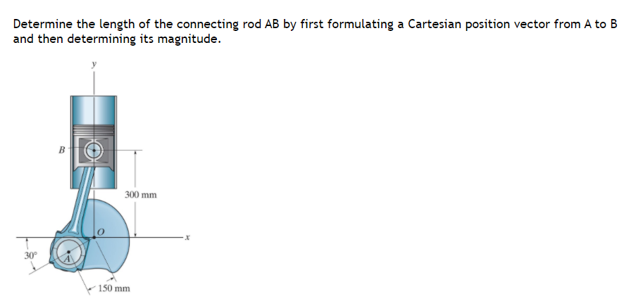 Determine the length of the connecting rod AB by first formulating a Cartesian position vector from A to B
and then determining its magnitude.
B
300 mm
30°
150 mm
