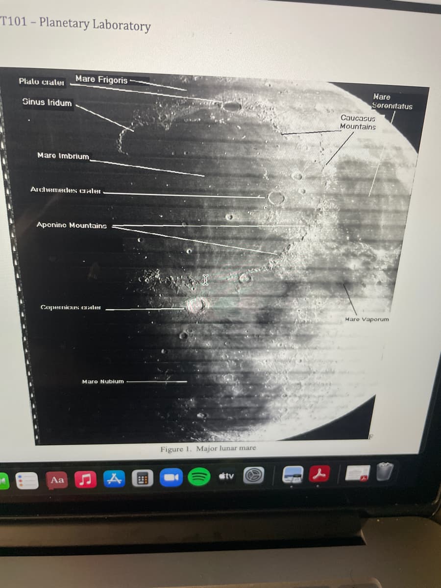 T101 – Planetary Laboratory
Mare Frigoris
Plalu craler
Mare
Sinus Iridum
Serenitatus
Caucasus
Mountains
Mare Imbrium,
Archemedes craler
Aponino Mountains
Copermicus caler
Mare Vaporum
Mare Nubium
Figure 1. Major lunar mare
étv
Aa
国
