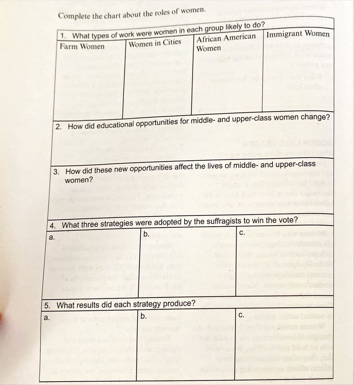 Complete the chart about the roles of women.
1 What types of work were women in each group likely to do?
Farm Women
African American
Immigrant Women
Women in Cities
Women
2. How did educational opportunities for middle- and upper-class women change?
3. How did these new opportunities affect the lives of middle- and upper-class
women?
4. What three strategies were adopted by the suffragists to win the vote?
a.
b.
С.
5. What results did each strategy produce?
b.
С.
nole
a.
