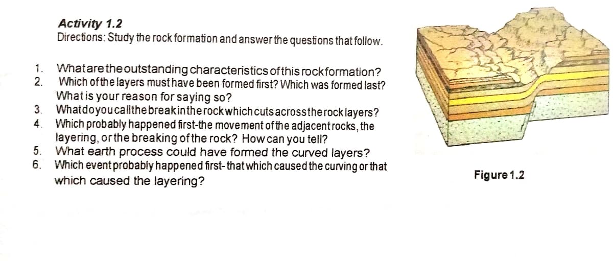 Activity 1.2
Directions: Study the rock formation and answer the questions that follow.
Whatare the outstanding characteristics ofthis rockformation?
2.
1.
Which ofthe layers must have been formed first? Which was formed last?
Whatis your reason for saying so?
3.
Whatdoyoucallthe breakintherockwhich cuts acrosstherocklayers?
4.
Which probably happened first-the movement of the adjacentrocks, the
layering, or the breaking of the rock? How can you tell?
5.
What earth process could have formed the curved layers?
6.
Which event probably happened first- that which caused the curving or that
which caused the layering?
Figure 1.2
