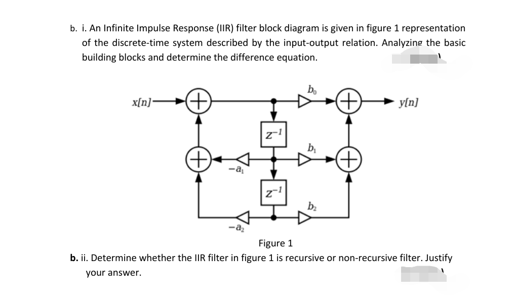 b. i. An Infinite Impulse Response (IIR) filter block diagram is given in figure 1 representation
of the discrete-time system described by the input-output relation. Analyzing the basic
building blocks and determine the difference equation.
x[n]-
y[n]
bị
+)
-a
-az
Figure 1
b. ii. Determine whether the IIR filter in figure 1 is recursive or non-recursive filter. Justify
your answer.
