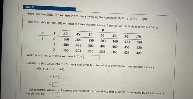 Step 5
Here, for simplicity, we will use the formula involving the complement, P(r2 1) = 1- P(0).
Use this table to find P(0) rounded to three decimal places. A portion of this table is displayed below.
40
.45
.50
.55
.60
65
.70
2
.360
.303
250
203
.160
.123
.090
1
.480
.495
.500
.495
.480
.455
.420
.160
.203
250
303
360
.423
.490
When n- 2 and p-0.65 we have P(0) =
Substitute this value into the formula and simplify. (Round your answers to three decimal places.)
P(r2 1) - 1- P(0).
- 1-
In other words, when n = 2 alarms are installed the probability that a burglar is detected by at least one of
the alarms is
