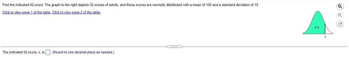 Find the indicated IQ score. The graph to the right depicts IQ scores of adults, and those scores are normally distributed with a mean of 100 and a standard deviation of 15.
Click to view page 1 of the table. Click to view page 2 of the table.
0.9
X
The indicated IQ score, x, is (Round to one decimal place as needed.)
