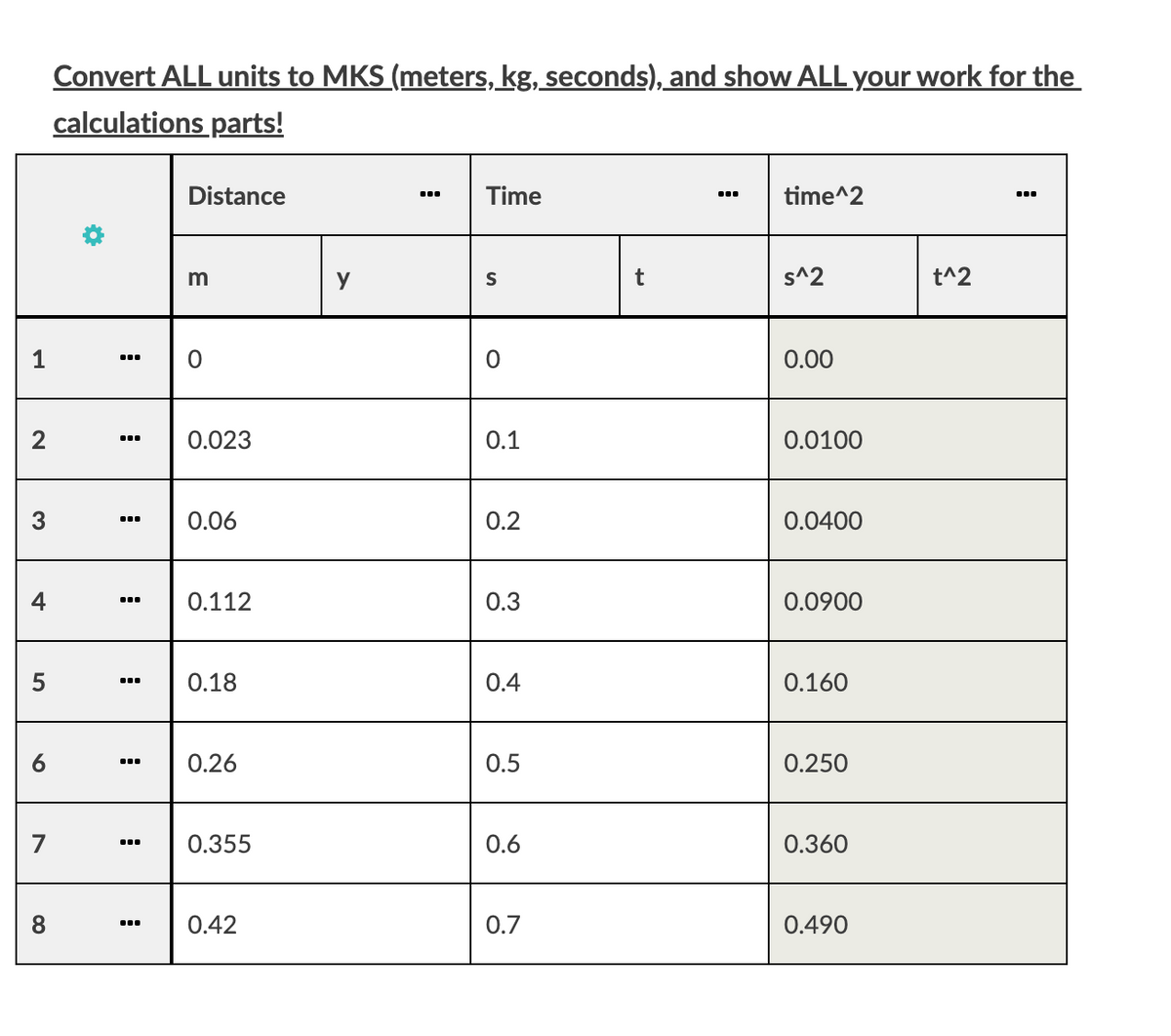 1
2
3
+
5
U
6
7
8
Convert ALL units to MKS (meters, kg, seconds), and show ALL your work for the
calculations parts!
..
…..
Distance
m
0.023
0.06
0.112
0.18
0.26
0.355
0.42
Time
S
0.1
0.2
0.3
0.4
0.5
0.6
0.7
time^2
s^2
0.00
0.0100
0.0400
0.0900
0.160
0.250
0.360
0.490
t^2