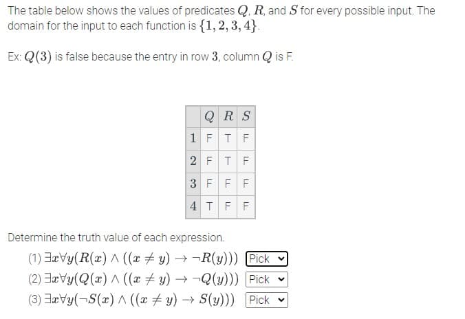 The table below shows the values of predicates Q, R, and S for every possible input. The
domain for the input to each function is {1, 2, 3, 4).
Ex: Q(3) is false because the entry in row 3, column Q is F.
QRS
1F TF
2 FTF
3 FF F
4 TFF
Determine the truth value of each expression.
(1) ExVy(R(x)^((x + y) → ¬R(y))) Pick
(2) ExVy(Q(x) ^ ((x + y) → ¬Q (y))) Pick
(3) ExVy(-S(x) ^ ((x y) → S(y))) Pick