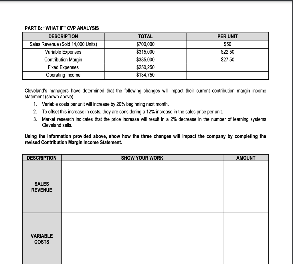 PART B: "WHAT IF" CVP ANALYSIS
DESCRIPTION
Sales Revenue (Sold 14,000 Units)
Variable Expenses
Contribution Margin
Fixed Expenses
Operating Income
TOTAL
$700,000
$315,000
$385,000
Cleveland's managers have determined that the following changes will impact their current contribution margin income
statement (shown above)
DESCRIPTION
$250,250
$134,750
1. Variable costs per unit will increase by 20% beginning next month.
2. To offset this increase in costs, they are considering a 12% increase in the sales price per unit.
3.
Market research indicates that the price increase will result in a 2% decrease in the number of learning systems
Cleveland sells.
SALES
REVENUE
Using the information provided above, show how the three changes will impact the company by completing the
revised Contribution Margin Income Statement.
VARIABLE
COSTS
PER UNIT
$50
$22.50
$27.50
SHOW YOUR WORK
AMOUNT