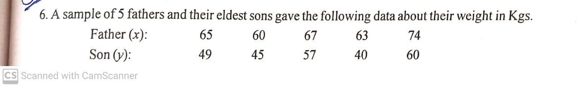 6. A sample of 5 fathers and their eldest sons gave the following data about their weight in Kgs.
Father (x):
65
60
67
63
74
Son (y):
49
45
57
40
60
CS Scanned with CamScanner
