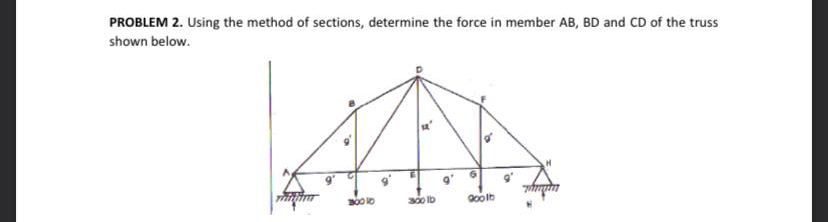 PROBLEM 2. Using the method of sections, determine the force in member AB, BD and CD of the truss
shown below.
Goolb
