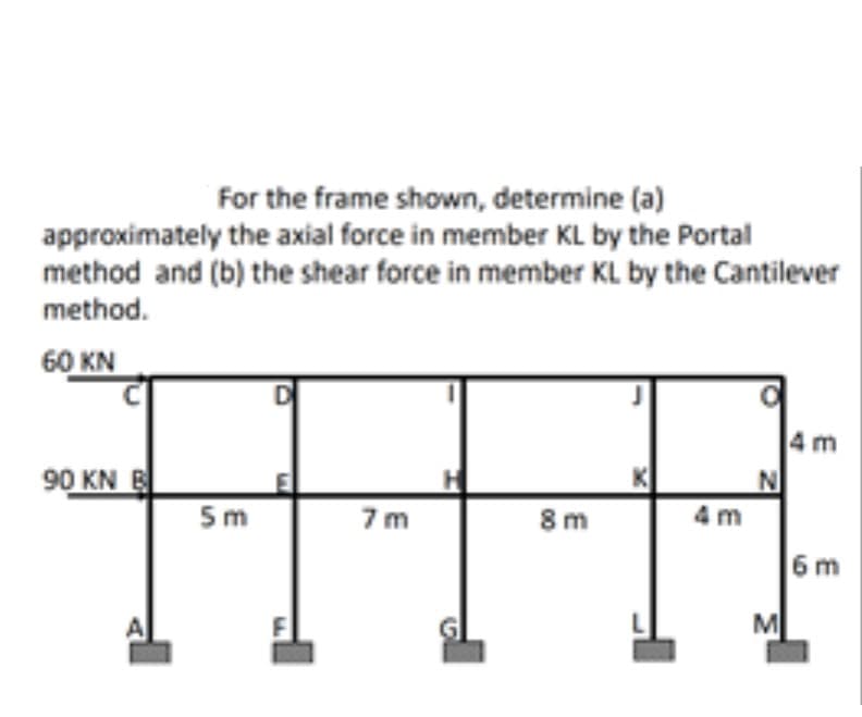 For the frame shown, determine (a)
approximately the axial force in member KL by the Portal
method and (b) the shear force in member KL by the Cantilever
method.
60 KN
D
4 m
90 KN B
5m
K
7m
8m
4 m
6 m
M
E
E
