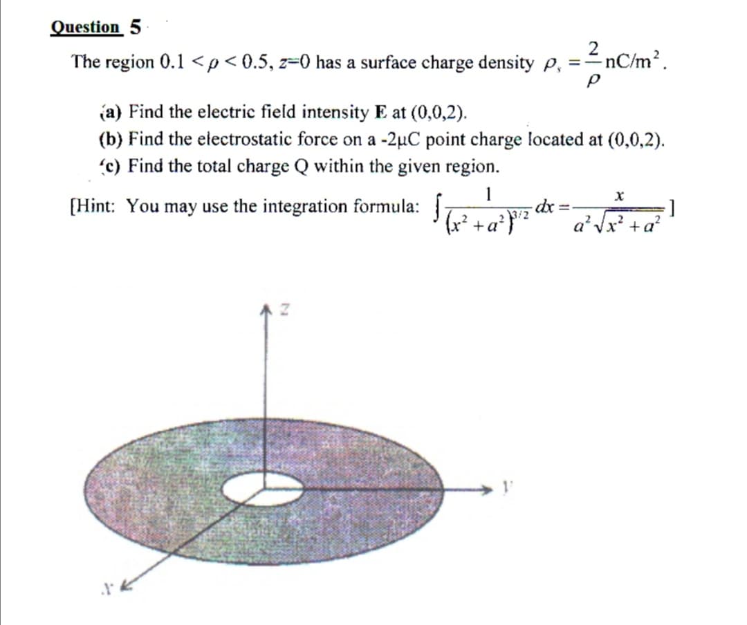 Question 5
2
The region 0.1 < p< 0.5, z=0 has a surface charge density p,
=-nC/m.
(a) Find the electric field intensity E at (0,0,2).
(b) Find the electrostatic force on a -2µC point charge located at (0,0,2).
'c) Find the total charge Q within the given region.
1
[Hint: You may use the integration formula:
]
a'Vx? +a?
3/2
(x² + a*}"²
