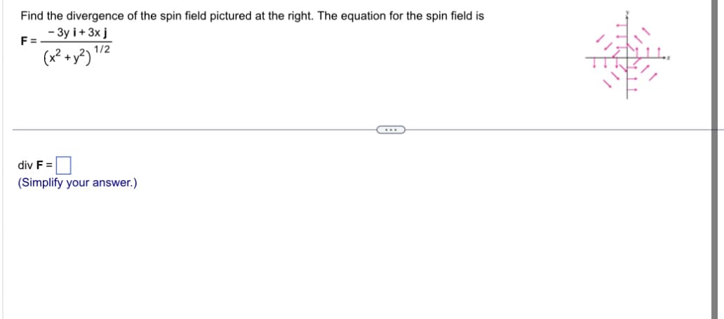 Find the divergence of the spin field pictured at the right. The equation for the spin field is
- 3y i+ 3x j
F=
(x² + y²) 1/2
div F =
(Simplify your answer.)
...