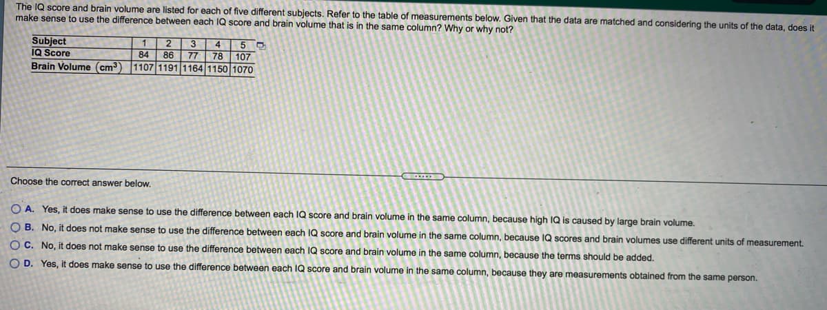 The IQ score and brain volume are listed for each of five different subjects. Refer to the table of measurements below. Given that the data are matched and considering the units of the data, does it
make sense to use the difference between each IQ score and brain volume that is in the same column? Why or why not?
Subject
IQ Score
Brain Volume (cm3
1.
2
3
4
84
86
77
78
107
1107 1191 1164 1150 1070
Choose the correct answer below.
O A. Yes, it does make sense to use the difference between each IQ score and brain volume in the same column, because high IQ is caused by large brain volume.
O B. No, it does not make sense to use the difference between each IQ score and brain volume in the same column, because IQ scores and brain volumes use different units of measurement.
O C. No, it does not make sense to use the difference between each IQ score and brain volume in the same column, because the terms should be added.
O D. Yes, it does make sense to use the difference between each IQ score and brain volume in the same column, because they are measurements obtained from the same person.
