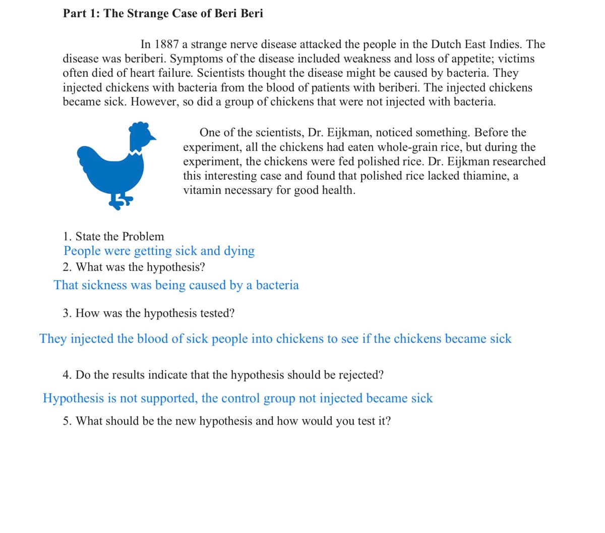 Part 1: The Strange Case of Beri Beri
In 1887 a strange nerve disease attacked the people in the Dutch East Indies. The
disease was beriberi. Symptoms of the disease included weakness and loss of appetite; victims
often died of heart failure. Scientists thought the disease might be caused by bacteria. They
injected chickens with bacteria from the blood of patients with beriberi. The injected chickens
became sick. However, so did a group of chickens that were not injected with bacteria.
One of the scientists, Dr. Eijkman, noticed something. Before the
experiment, all the chickens had eaten whole-grain rice, but during the
experiment, the chickens were fed polished rice. Dr. Eijkman researched
this interesting case and found that polished rice lacked thiamine, a
vitamin necessary for good health.
1. State the Problem
People were getting sick and dying
2. What was the hypothesis?
That sickness was being caused by a bacteria
3. How was the hypothesis tested?
They injected the blood of sick people into chickens to see if the chickens became sick
4. Do the results indicate that the hypothesis should be rejected?
Hypothesis is not supported, the control group not injected became sick
5. What should be the new hypothesis and how would you test it?
