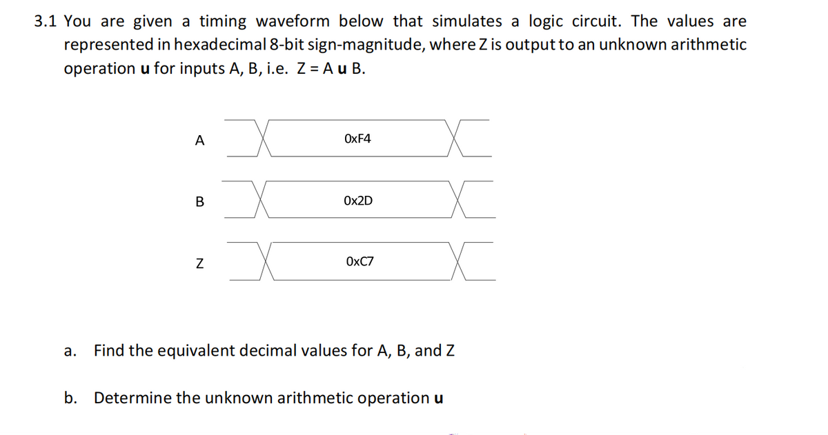 3.1 You are given a timing waveform below that simulates a logic circuit. The values are
represented in hexadecimal 8-bit sign-magnitude, where Z is output to an unknown arithmetic
operation u for inputs A, B, i.e. Z = A u B.
A
OXF4
В
Ox2D
OXC7
а.
Find the equivalent decimal values for A, B, and Z
b. Determine the unknown arithmetic operation u
