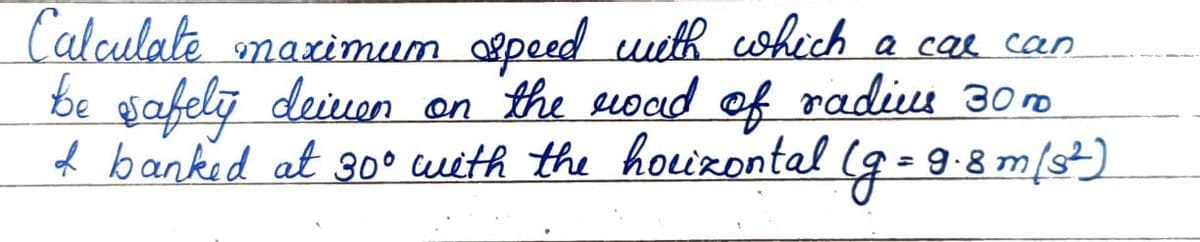 Calculate maximum speed with which a cal can
be safely deinen on the road of radius 30 To
& banked at 30° with the horizontal (g = 9.8 m/s²)