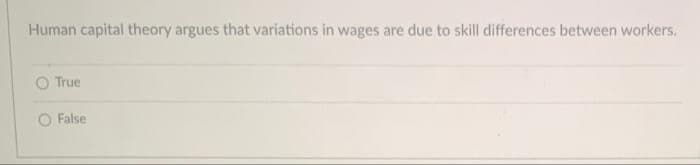 Human capital theory argues that variations in wages are due to skill differences between workers.
True
False
