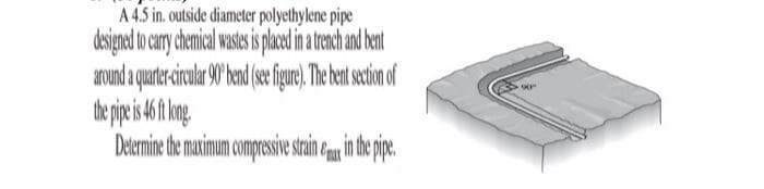 A 4.5 in. outside diameter polyethylene pipe
designed to cary chemical wastes is pace in atrench and bent
around a quantrcircular 90'bend (se figue). The bent secin of
Delemine te matinum compesvestain ean in he pipe.
