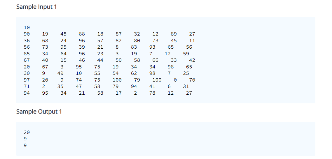 Sample Input 1
10
90
19
45
88
18
32
12
89
27
36
68
24
96
57
80
73
45
11
56
73
95
39
21
8
83
93
65
56
85
34
64 96 23 3
19
7.
12
59
67
40
15
46
44
50
58
66
33
42
20
67
3 95 75 19
34
34
98
65
30
9
49 10 55 54
62
98
7
25
97
20
9
74
75
100
79
100
70
71
2
35
47
58
79
94
41
6
31
94
95
34
21
58
17
2
78
12
27
Sample Output 1
