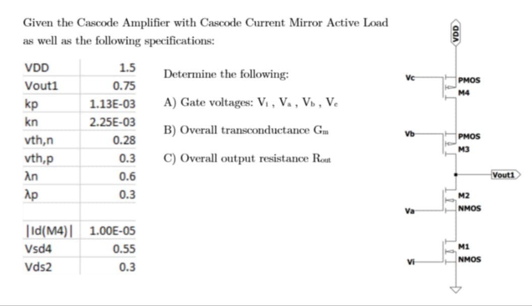 Given the Cascode Amplifier with Cascode Current Mirror Active Load
as well as the following specifications:
VDD
Vout1
kp
kn
vth,n
vth,p
λη
Ap
1.5
0.75
1.13E-03
2.25E-03
0.28
0.3
0.6
0.3
Id(M4) 1.00E-05
Vsd4
0.55
Vds2
0.3
Determine the following:
A) Gate voltages: V₁, V₁, Vb, Ve
B) Overall transconductance Gm
C) Overall output resistance Rout
Vc
Vb
Va
Vi
H
аал
tow
PMOS
M4
PMOS
M3
M2
NMOS
M1
NMOS
Vout1