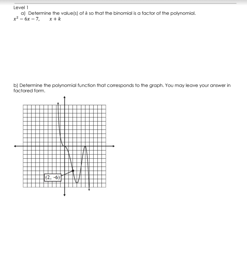 Level 1
a) Determine the value(s) of k so that the binomial is a factor of the polynomial.
х? — 6х — 7,
x + k
b) Determine the polynomial function that corresponds to the graph. You may leave your answer in
factored form.
(2, -6)
