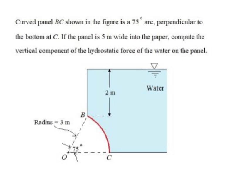 Curved panel BC shown in the figure is a 75 arc, perpendicular to
the bottom at C. If the panel is 5 m wide into the paper, compute the
vertical component of the hydrostatic force of the water on the panel.
Water
2 m
Radius 3 m
