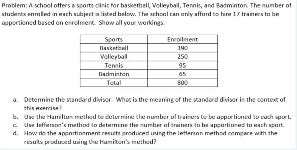 Problem: A school offers a sports clinic for basketball, Volleyball, Tennis, and Badminton. The number of
students enrolled in each subject is listed below. The school can only afford to hire 17 trainers to be
apportioned based on enrolment. Show all your workings.
Sports
Basketball
Volleyball
Tennis
Badminton
Total
Enrollment
390
250
95
65
800
a. Determine the standard divisor. What is the meaning of the standard divisor in the context of
this exercise?
b. Use the Hamilton method to determine the number of trainers to be apportioned to each sport.
C. Use Jefferson's method to determine the number of trainers to be apportioned to each sport.
d. How do the apportionment results produced using the Jefferson method compare with the
results produced using the Hamilton's method?