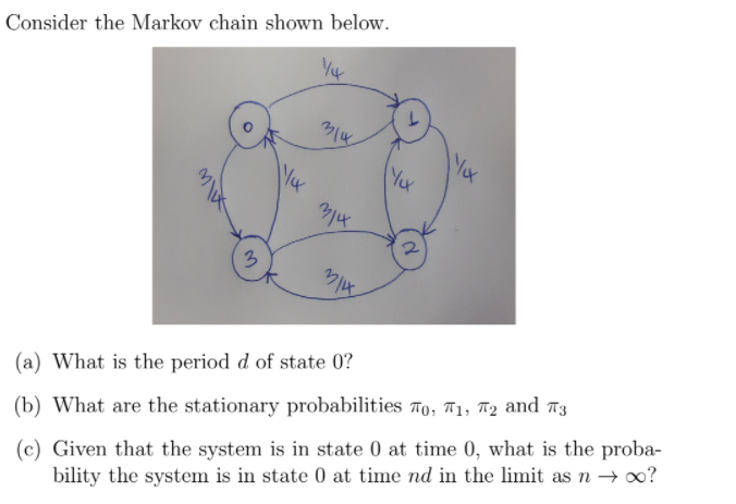 Consider the Markov chain shown below.
Mox
Yox
Yx
3
(c) Given that the system is in state 0 at time 0, what is the proba-
bility the system is in state 0 at time nd in the limit as n → 0?
(a) What is the period d of state 0?
(b) What are the stationary probabilities T0; T1, T2 and T3
