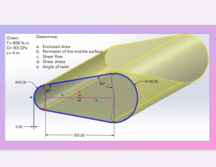 Given:
T= 800 N.m
G= 83 GPa
L= 4 m
Determine:
a. Enclosed Area
b. Perimeter of the middle surface
c. Shear flow
d. Shear stress
e. Angle of twist
R50.00
20°
3.00
300.00
90°
R100.00