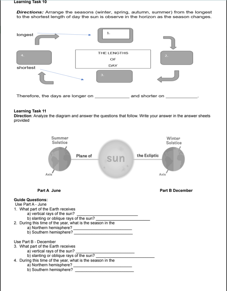 Learning Task 10
Directions: Arrange the seasons (winter, spring, autumn, summer) from the longest
to the shortest length of day the sun is observe in the horizon as the season changes.
1.
THE LENGTHS
OF
DAY
Therefore, the days are longer on
and shorter on
Learning Task 11
Direction: Analyze the diagram and answer the questions that follow. Write your answer in the answer sheets
provided
Summer
Solstice
Winter
Solstice
Plane of
the Ecliptic
sun
Axis
Part A June
Guide Questions:
Use Part A - June
1. What part of the Earth receives
a) vertical rays of the sun?
b) slanting or oblique rays of the sun?
2. During this time of the year, what is the season in the
a) Northern hemisphere?
b) Southern hemisphere?
Use Part B - December
3. What part of the Earth receives
a) vertical rays of the sun?
b) slanting or oblique rays of the sun?
4. During this time of the year, what is the season in the
a) Northern hemisphere?
b) Southern hemisphere?
10₂
longest
shortest
Axis
Part B December