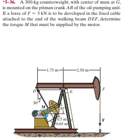 *5-36. A 300-kg counterweight, with center of mass at G,
is mounted on the pitman crank AB of the oil-pumping unit.
If a force of F - 5 KN is to be developed in the fixed cable
attached to the end of the walking beam DEF, determine
the torque M that must be supplied by the motor.
-1.75 m
-2.50 m
30
05 m
0.65 m
