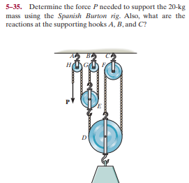 5-35. Determine the force P needed to support the 20-kg
mass using the Spanish Burton rig. Also, what are the
reactions at the supporting hooks A, B, and C?
PV
