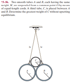 *5-56. Two smooth tubes A and B, each having the same
wright, W, are anepended from a eommon point O hy means
of equal-length cords. A third tube, C, is placed between A
and B. Determine the greatest weight of Cwithout upsetting
equilibrium.
