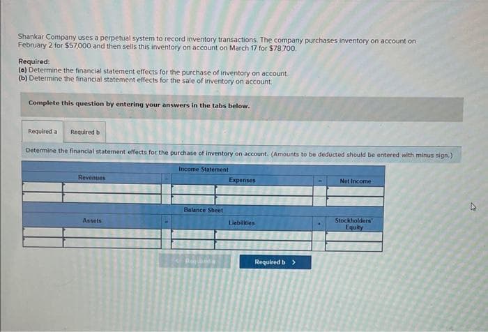 Shankar Company uses a perpetual system to record inventory transactions. The company purchases inventory on account on
February 2 for $57,000 and then sells this inventory on account on March 17 for $78,700.
Required:
(a) Determine the financial statement effects for the purchase of inventory on account.
(b) Determine the financial statement effects for the sale of inventory on account.
Complete this question by entering your answers in the tabs below.
Required a Required b
Determine the financial statement effects for the purchase of inventory on account. (Amounts to be deducted should be entered with minus sign.)
Income Statement
Revenues
Assets
Balance Sheet
Requbad a
Expenses
Liabilities.
Required b >
Net Income
Stockholders'
Equity