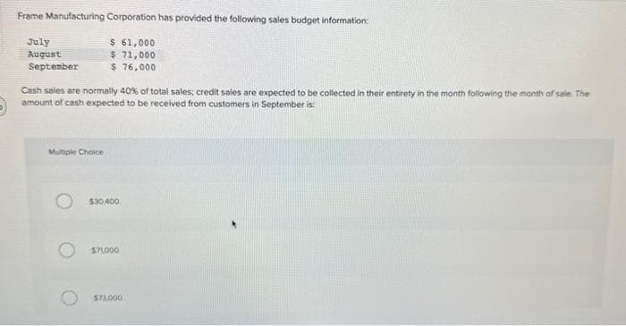 Frame Manufacturing Corporation has provided the following sales budget information:
$ 61,000
$ 71,000
$ 76,000
July
August
September
Cash sales are normally 40% of total sales; credit sales are expected to be collected in their entirety in the month following the month of sale. The
amount of cash expected to be received from customers in September is
Multiple Choice
$30,400
$71,000
$73.000