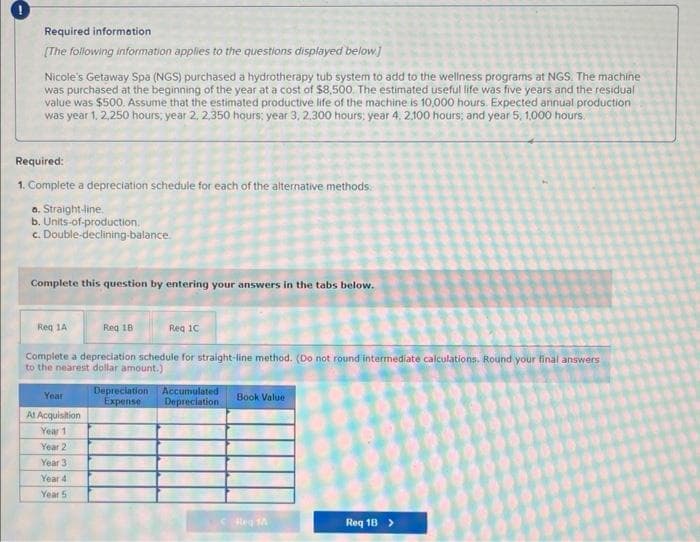 Required information
[The following information applies to the questions displayed below.]
Nicole's Getaway Spa (NGS) purchased a hydrotherapy tub system to add to the wellness programs at NGS. The machine
was purchased at the beginning of the year at a cost of $8,500. The estimated useful life was five years and the residual
value was $500. Assume that the estimated productive life of the machine is 10,000 hours. Expected annual production
was year 1, 2,250 hours, year 2, 2,350 hours: year 3, 2,300 hours; year 4. 2.100 hours; and year 5, 1,000 hours.
Required:
1. Complete a depreciation schedule for each of the alternative methods.
a. Straight-line.
b. Units-of-production.
c. Double-declining-balance
Complete this question by entering your answers in the tabs below.
Req 1A
Req 1C
Complete a depreciation schedule for straight-line method. (Do not round intermediate calculations. Round your final answers
to the nearest dollar amount.)
Req 18
Year
At Acquisition
Year 1
Year 2
Year 3
Year 4
Year 5
Depreciation Accumulated
Expense Depreciation
Book Value
Reg 14
Req 18 >