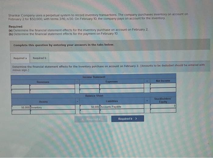 Shankar Company uses a perpetual system to record inventory transactions. The company purchases inventory on account on
February 2 for $50,000, with terms 3/10, n/30. On February 10, the company pays on account for the inventory.
Required:
(e) Determine the financial statement effects for the inventory purchase on account on February 2
(b) Determine the financial statement effects for the payment on February 10.
Complete this question by entering your answers in the tabs below.
Required a Required b
Determine the financial statement effects for the inventory purchase on account on February 2. (Amounts to be deducted should be entered with
minus sign.)
Revenues
Assets
50,000 Inventory
Income Statement
Balance Sheet
Expenses
<fogored
Liabilities
50,000 Accounts Payable
Required b >
Net Income
Stockholders
Equity
0