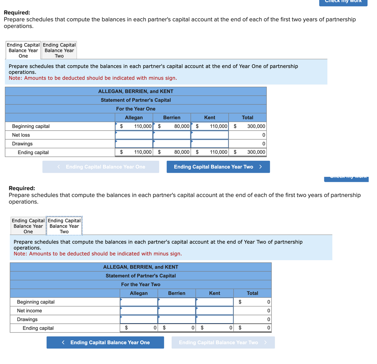 Required:
Prepare schedules that compute the balances in each partner's capital account at the end of each of the first two years of partnership
operations.
Ending Capital Ending Capital
Balance Year Balance Year
One
Two
Prepare schedules that compute the balances in each partner's capital account at the end of Year One of partnership
operations.
Note: Amounts to be deducted should be indicated with minus sign.
Beginning capital
Net loss
Drawings
Ending capital
Ending Capital Ending Capital
Balance Year Balance Year
One
Two
Beginning capital
Net income
ALLEGAN, BERRIEN, and KENT
Statement of Partner's Capital
For the Year One
Allegan
Drawings
$
Ending capital
$
110,000 $
< Ending Capital Balance Year One
110,000 $
$
Berrien
80,000 $
< Ending Capital Balance Year One
ALLEGAN, BERRIEN, and KENT
Statement of Partner's Capital
For the Year Two
Allegan
0 $
80,000 $ 110,000 $
Required:
Prepare schedules that compute the balances in each partner's capital account at the end of each of the first two years of partnership
operations.
Kent
Prepare schedules that compute the balances in each partner's capital account at the end of Year Two of partnership
operations.
Note: Amounts to be deducted should be indicated with minus sign.
110,000 $
Berrien
Ending Capital Balance Year Two
0 $
Kent
Total
$
GA
300,000
0 $
300,000
0
0
Total
Ending Capital Balance Year Two
0
0
my
O
0