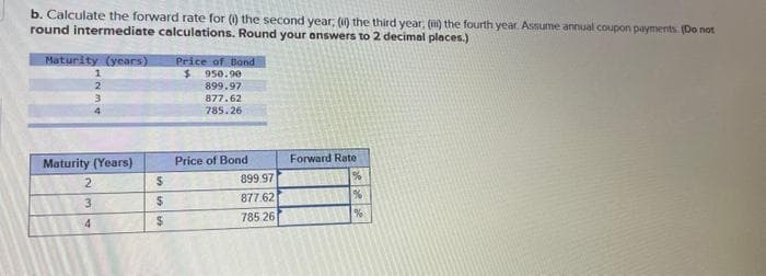 The following is a list of prices for zero-coupon bonds of various maturities.
a. Calculate the yield to maturity for a bond with a maturity of () one year; (ii) two years; (i) three years; (v) four years. Assume annual
coupon payments. (Do not round intermediate calculations. Round your answers to 2 decimal places.)
Maturity (Years)
1
2
3
4
$
$
$
$
Price of Bond
950.90
899.97
877.62
785.26
YIM
%
%
%
Check my w
%