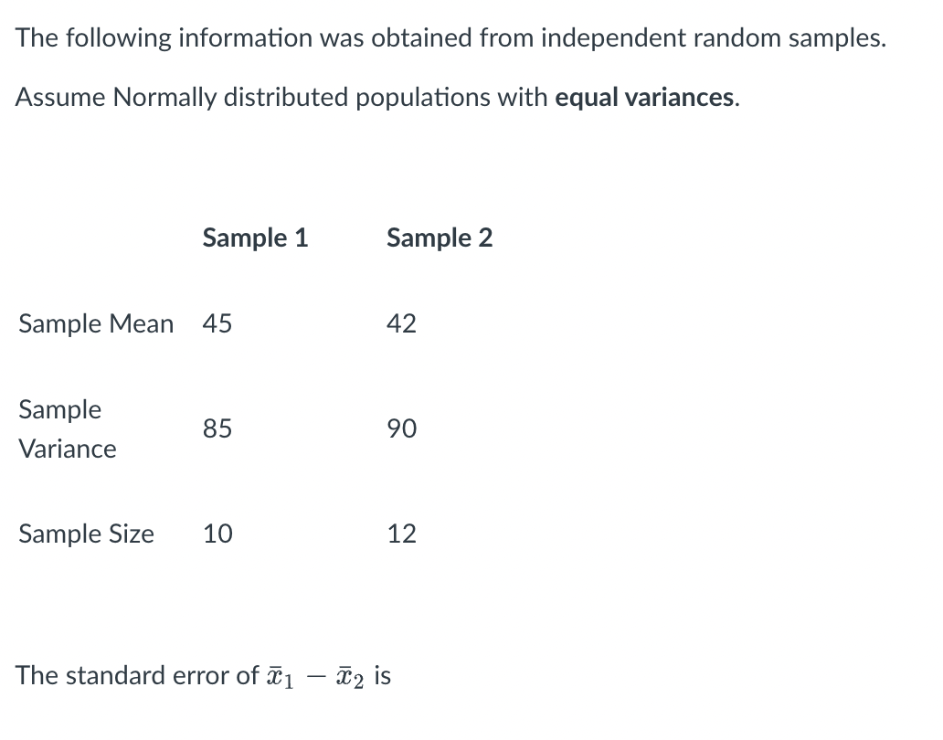 The following information was obtained from independent random samples.
Assume Normally distributed populations with equal variances.
Sample 1
Sample 2
Sample Mean 45
42
Sample
85
90
Variance
Sample Size
10
12
The standard error of ¤1 – T2 is
