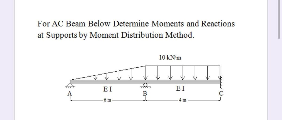 For AC Beam Below Determine Moments and Reactions
at Supports by Moment Distribution Method.
10 kN/m
EI
EI
В
6 m
4 m
