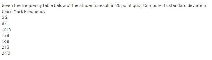 Given the frequency table below of the students result in 25 point quiz. Compute its standard deviation.
Class Mark Frequency
62
94
12 14
15 9
18 6
213
24 2
