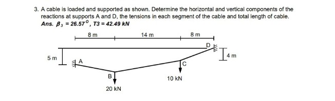 3. A cable is loaded and supported as shown. Determine the horizontal and vertical components of the
reactions at supports A and D, the tensions in each segment of the cable and total length of cable.
Ans. B, = 26.57°, T3 = 42.49 kN
8 m
14 m
8 m
5 m
10 kN
20 kN
