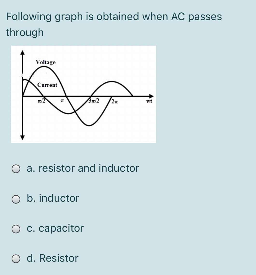 Following graph is obtained when AC passes
through
Voltage
Current
Br/2
wt
O a. resistor and inductor
O b. inductor
О с. сараcitor
O d. Resistor
