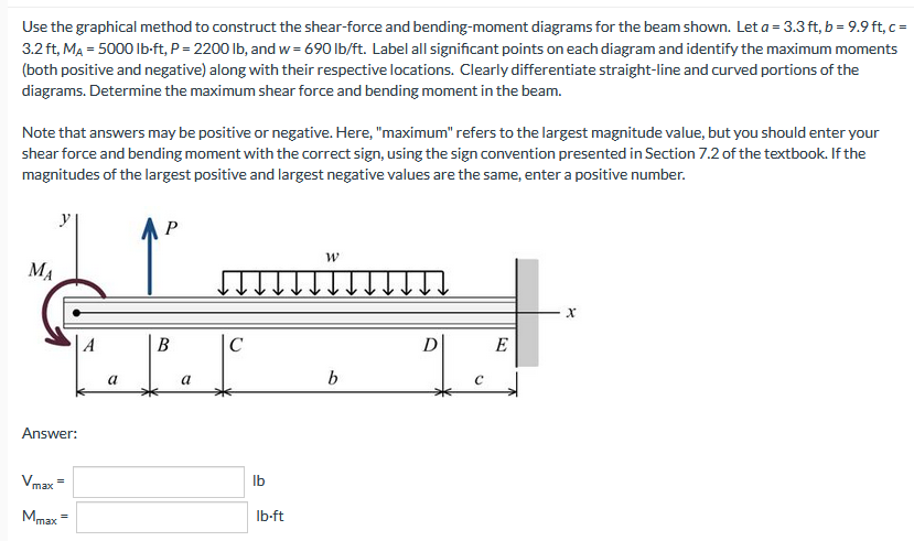 Use the graphical method to construct the shear-force and bending-moment diagrams for the beam shown. Let a = 3.3 ft, b = 9.9 ft, c =
3.2 ft, MA = 5000 lb-ft, P = 2200 lb, and w=690 lb/ft. Label all significant points on each diagram and identify the maximum moments
(both positive and negative) along with their respective locations. Clearly differentiate straight-line and curved portions of the
diagrams. Determine the maximum shear force and bending moment in the beam.
Note that answers may be positive or negative. Here, "maximum" refers to the largest magnitude value, but you should enter your
shear force and bending moment with the correct sign, using the sign convention presented in Section 7.2 of the textbook. If the
magnitudes of the largest positive and largest negative values are the same, enter a positive number.
P
W
MA
X
D
E
b
Answer:
Vmax=
Mmax
a
B
a
с
lb
lb-ft
C