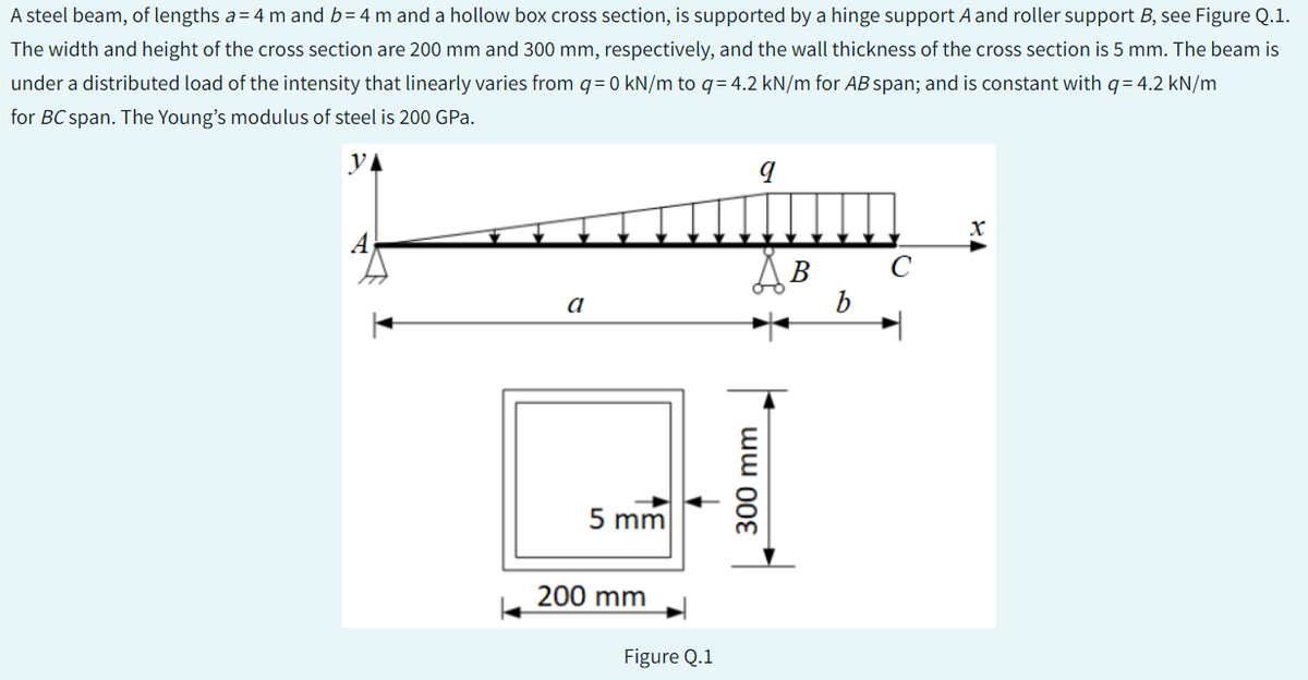 A steel beam, of lengths a=4 m and b=4 m and a hollow box cross section, is supported by a hinge support A and roller support B, see Figure Q.1.
The width and height of the cross section are 200 mm and 300 mm, respectively, and the wall thickness of the cross section is 5 mm. The beam is
under a distributed load of the intensity that linearly varies from q = 0 kN/m to q= 4.2 kN/m for AB span; and is constant with q = 4.2 kN/m
for BC span. The Young's modulus of steel is 200 GPa.
YA
9
xxxcmium
a
5 mm
200 mm
Figure Q.1
300 mm
B
b
с
X