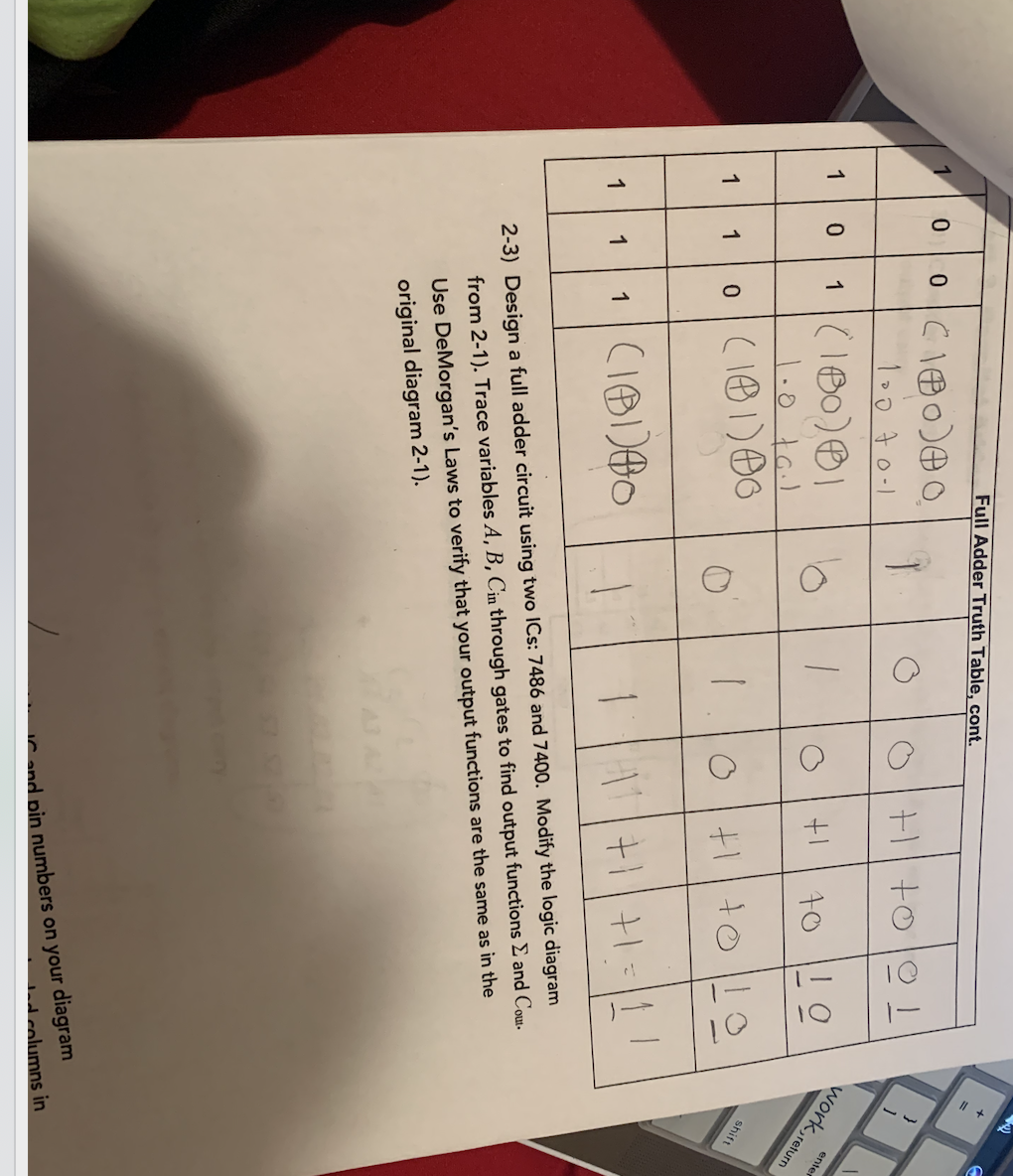 Full Adder Truth Table, cont.
0 0CI80)o
work,return
enter
101180)
1.0 tail
shift
10(181)0
+||+1=|1|
1 CIB)O
2-3) Design a full adder circuit using two ICs: 7486 and 7400. Modify the logic diagram
from 2-1). Trace variables A, B, Cin through gates to find output functions E and Cou.
Use DeMorgan's Laws to verify that your output functions are the same as in the
original diagram 2-1).
C and pin numbers on your diagram
d columns in
