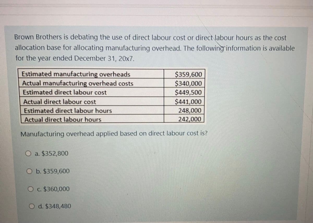 Brown Brothers is debating the use of direct labour cost or direct labour hours as the cost
allocation base for allocating manufacturing overhead. The following information is available
for the year ended December 31, 20x7.
Estimated manufacturing overheads
Actual manufacturing overhead costs
Estimated direct labour cost
Actual direct labour cost
$359,600
$340,000
$449,500
$441,000
248,000
242,000
Estimated direct labour hours
Actual direct labour hours
Manufacturing overhead applied based on direct labour cost is?
O a. $352,800
O b. $359,600
O c. $360,000
O d. $348,480
