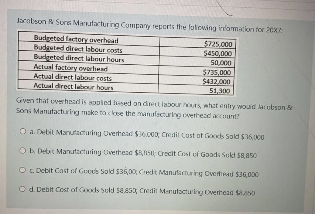 Jacobson & Sons Manufacturing Company reports the following information for 20X7:
Budgeted factory overhead
Budgeted direct labour costs
Budgeted direct labour hours
Actual factory overhead
$725,000
$450,000
50,000
$735,000
$432,000
51,300
Actual direct labour costs
Actual direct labour hours
Given that overhead is applied based on direct labour hours, what entry would Jacobson &
Sons Manufacturing make to close the manufacturing overhead account?
O a. Debit Manufacturing Overhead $36,0003; Credit Cost of Goods Sold $36,000
O b. Debit Manufacturing Overhead $8,850; Credit Cost of Goods Sold $8,850
O c. Debit Cost of Goods Sold $36,00; Credit Manufacturing Overhead $36,000
O d. Debit Cost of Goods Sold $8,850; Credit Manufacturing Overhead $8,850
