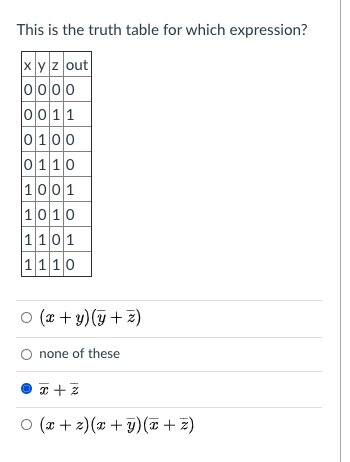 This is the truth table for which expression?
xyz out
0000
0011
0100
0110
|1001
1010
1101
1110
ㅇ (x + y)(J + z)
none of these
O (x + z)(x + 9)( +z)
